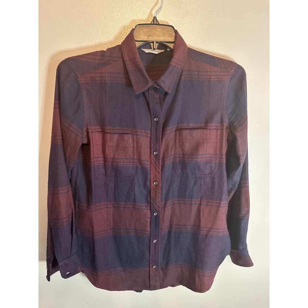 Athleta Women Medium Purple Blue Plaid Button Down Long Sleeve Shirt